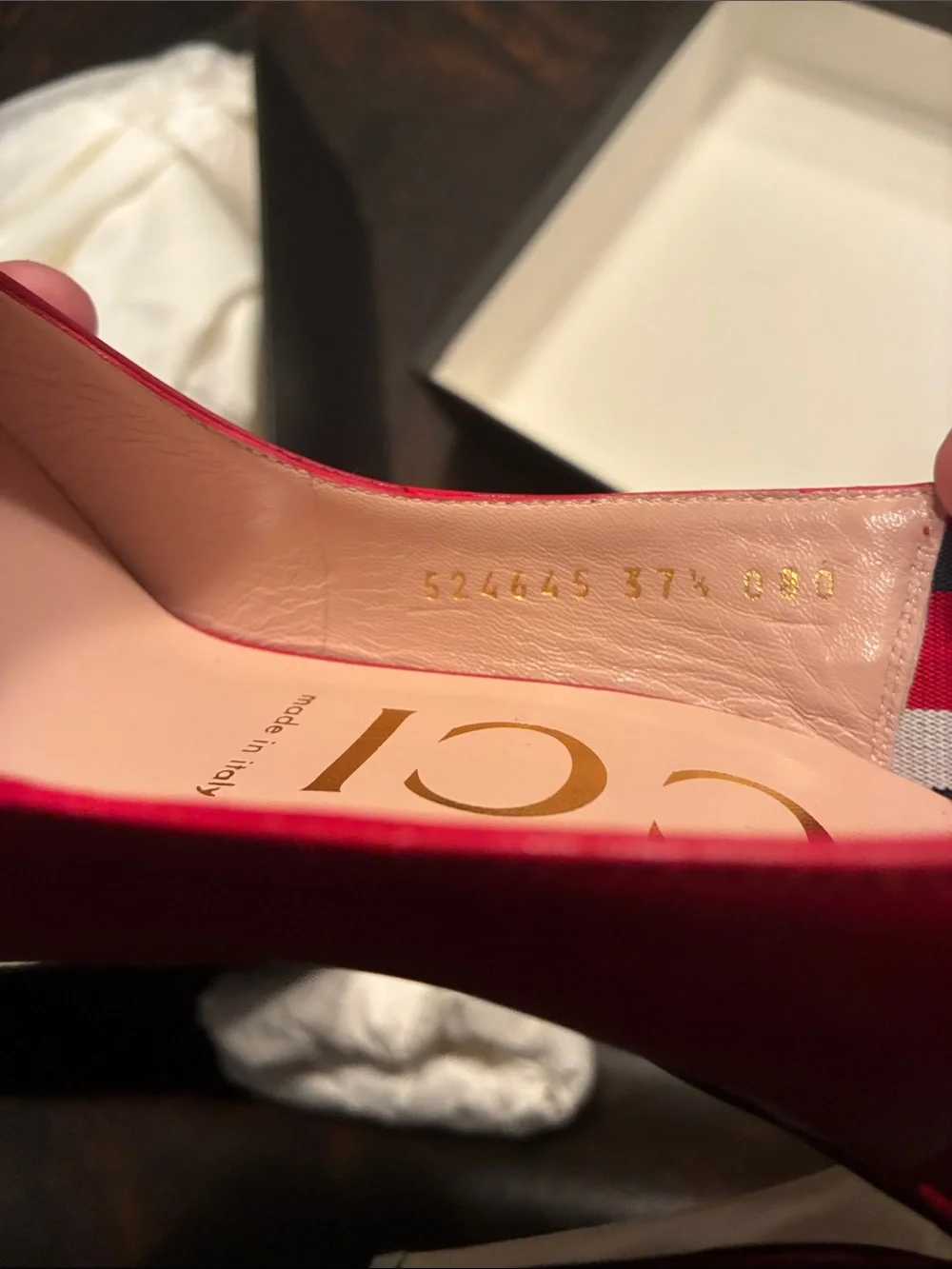 Gucci Red Leather Pointed Slingback Pumps with Striped Strap